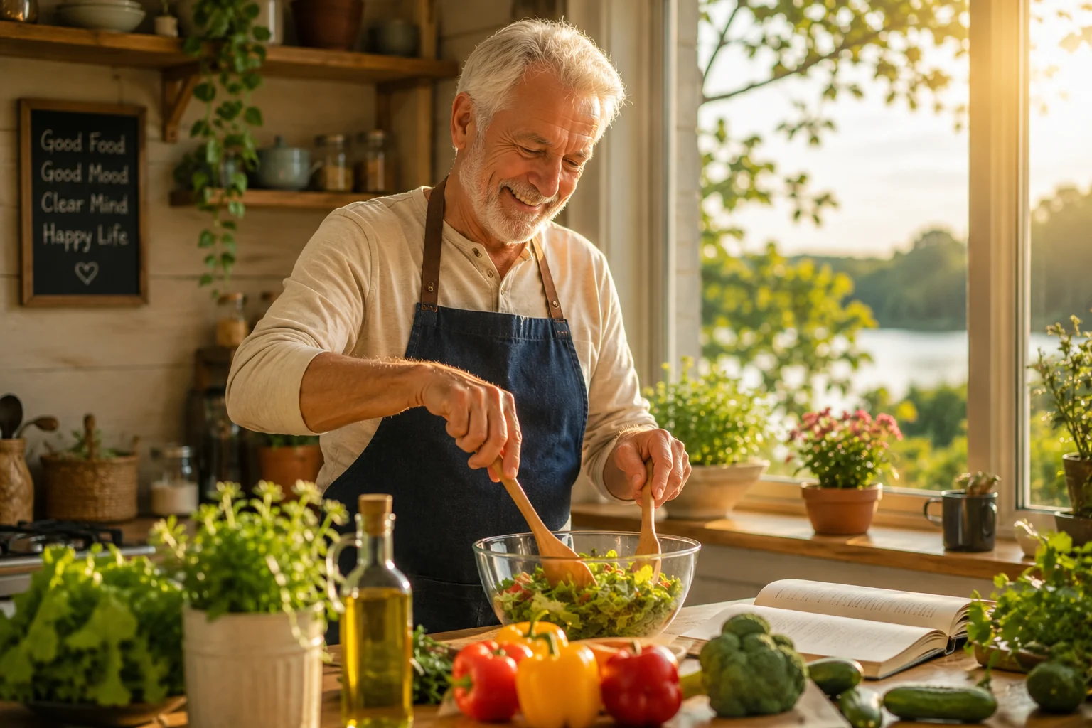 A silver-haired man working at a sunlit bench by a window with a long view over a valley, a slate reading Eat Well, Rest Well, Think Clear, Live Long behind him